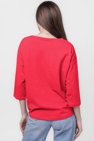 Tricou uni cu maneca 3/4 din tricot de bumbac cu snur la baza, fucsia inchis cu imprimeu chip stilizat [2]