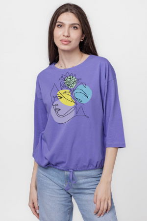 Bluze & Cămăși & Tricouri - Tricou uni cu maneca 3/4 din tricot de bumbac cu snur la baza, mov lavanda cu imprimeu chip stilizat
