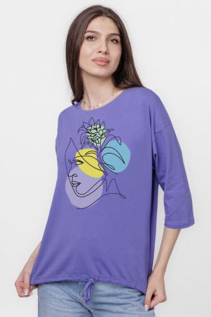 Tricou uni cu maneca 3/4 din tricot de bumbac cu snur la baza, mov lavanda cu imprimeu chip stilizat [1]