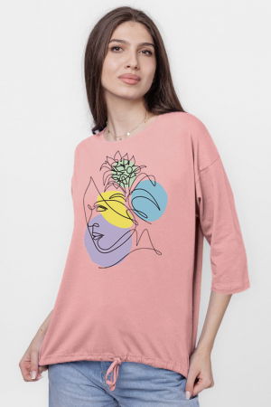 Tricou uni cu maneca 3/4 din tricot de bumbac cu snur la baza, roz prafuit cu imprimeu chip stilizat [1]