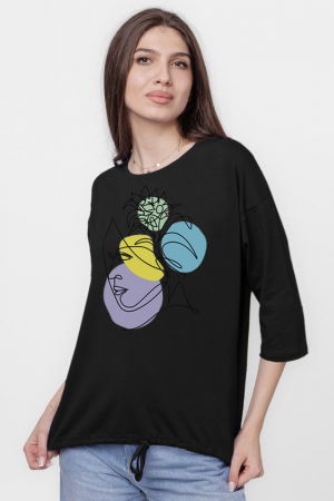 Tricou cu maneca 3/4 din tricot de bumbac cu snur la baza, negru cu imprimeu chip stilizat [1]