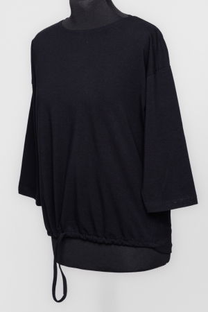 Tricou uni cu maneca 3/4 din tricot de bumbac cu snur la baza, negru [1]