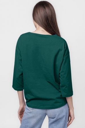 Tricou uni cu maneca 3/4 din tricot de bumbac cu snur la baza, turcoaz inchis cu imprimeu chip stilizat [2]