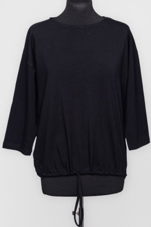 Bluze & Cămăși & Tricouri - Tricou uni cu maneca 3/4 din tricot de bumbac cu snur la baza, negru