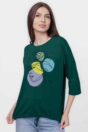 Tricou uni cu maneca 3/4 din tricot de bumbac cu snur la baza, turcoaz inchis cu imprimeu chip stilizat [1]