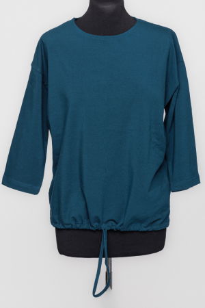 Bluze & Cămăși & Tricouri - Tricou uni cu maneca 3/4 din tricot de bumbac cu snur la baza, turcoaz inchis