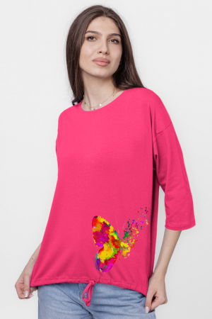 Tricou uni cu maneca 3/4 din tricot de bumbac cu snur la baza, fucsia cu imprimeu fluturi [1]