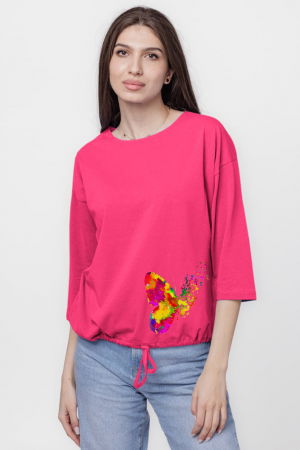 Tricouri - Tricou uni cu maneca 3/4 din tricot de bumbac cu snur la baza, fucsia cu imprimeu fluturi