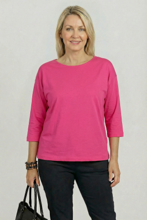 Bluze, Cămăși & Tricouri Plus Size - Tricou uni cu maneca 3/4 din tricot de bumbac, fucsia