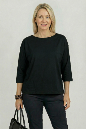 Bluze, Cămăși & Tricouri Plus Size - Tricou uni cu maneca 3/4 din tricot de bumbac, negru