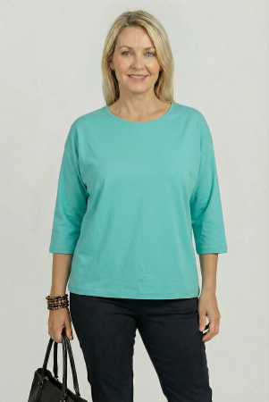 Bluze, Cămăși & Tricouri Plus Size - Tricou uni cu maneca 3/4 din tricot de bumbac, turcoaz