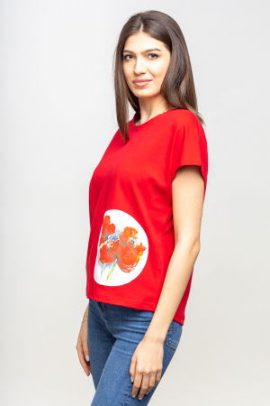 Tricou rosu cu panou lateral maci rosii picturali [1]