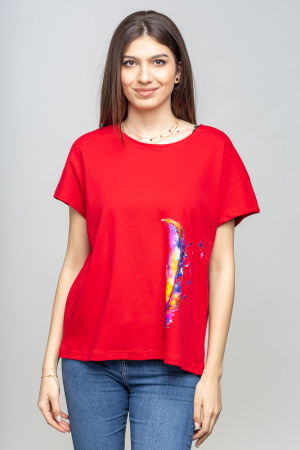 Tricouri din Bumbac - Tricou rosu cu panou lateral pana stilizata