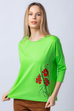 Tricou verde din bumbac, cu maneci 3/4 si imprimeu maci