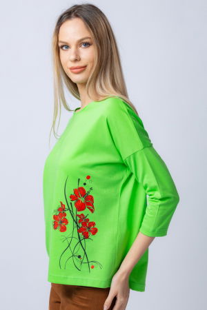 Tricou verde din bumbac, cu maneci 3/4 si imprimeu maci [4]