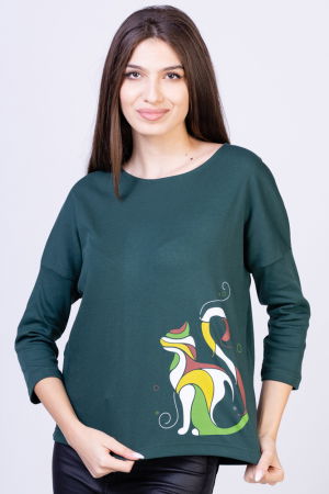 Tricouri cu Mânecă 3/4 - Tricou verde inchis cu imprimeu pisica colorata