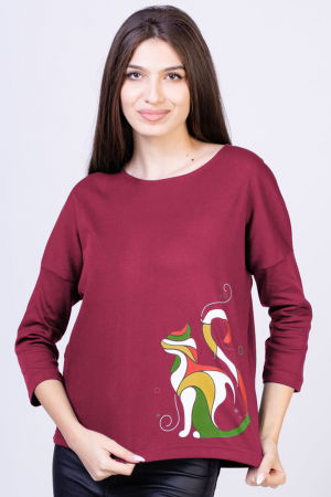 MĂSURI MARI - Tricou roz inchis cu imprimeu pisica colorata