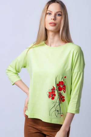 Tricou verde menta din bumbac, cu maneci 3/4 si imprimeu maci