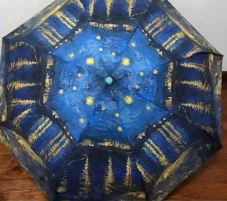 Umbrela de ploaie cu imprimeu reproducere dupa " Noapte Instelata deasupra Rhonului" de Claude Monet