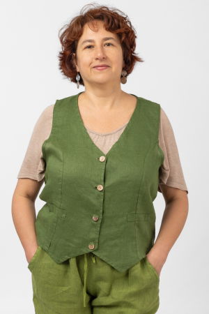 Veste - Vesta trendy din in cu colturi si nasturi de lemn, verde olive