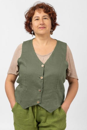 Veste - Vesta trendy din in cu colturi si nasturi de lemn, kaki