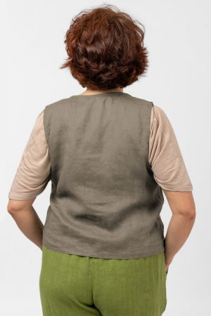 Vesta trendy din in cu colturi si nasturi de lemn, bej inchis [2]