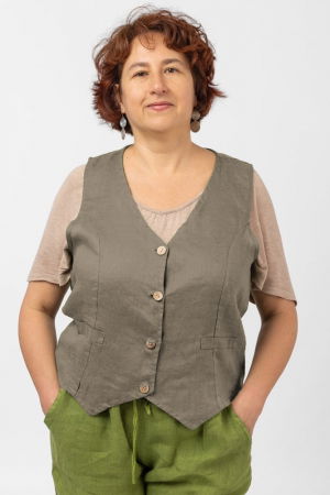 Veste - Vesta trendy din in cu colturi si nasturi de lemn, bej inchis