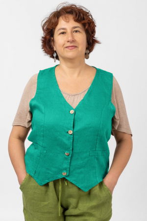 Cămași - Vesta trendy din in cu colturi si nasturi de lemn, turcoaz