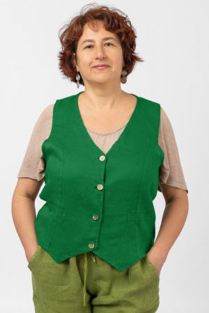 Cămăși din In - Vesta trendy din in cu colturi si nasturi de lemn, verde