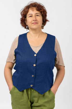 Veste - Vesta trendy din in cu colturi si nasturi de lemn, albastru electric