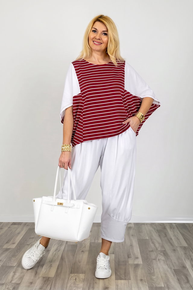 Bluza alb-rosu inchis oversize cu design asimetric din bumbac - joc de dungi