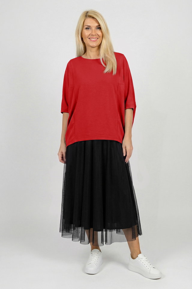 Bluza ampla oversize cu design asimetric din bumbac, rosie