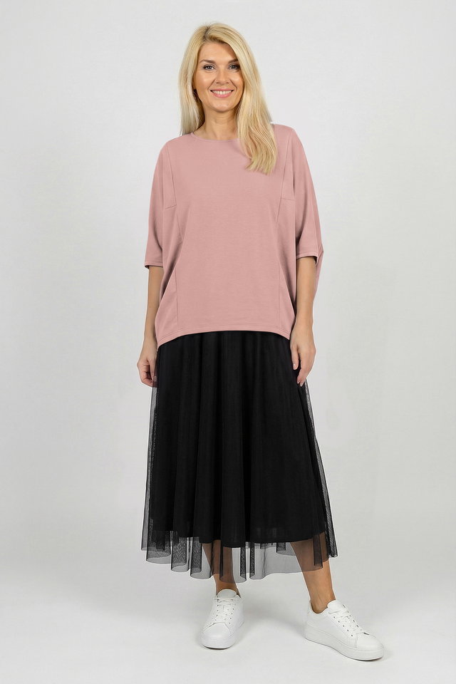 Bluza ampla oversize cu design asimetric din bumbac, roz prafuit
