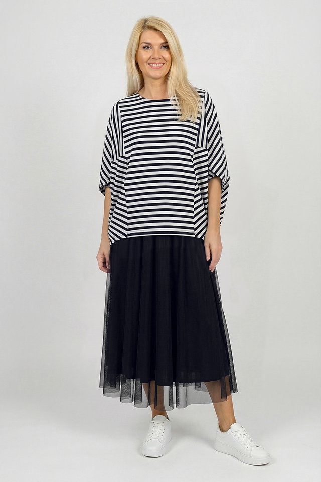 Bluza ampla oversize cu design asimetric din vascoza, cu dungi alb-bleumarin