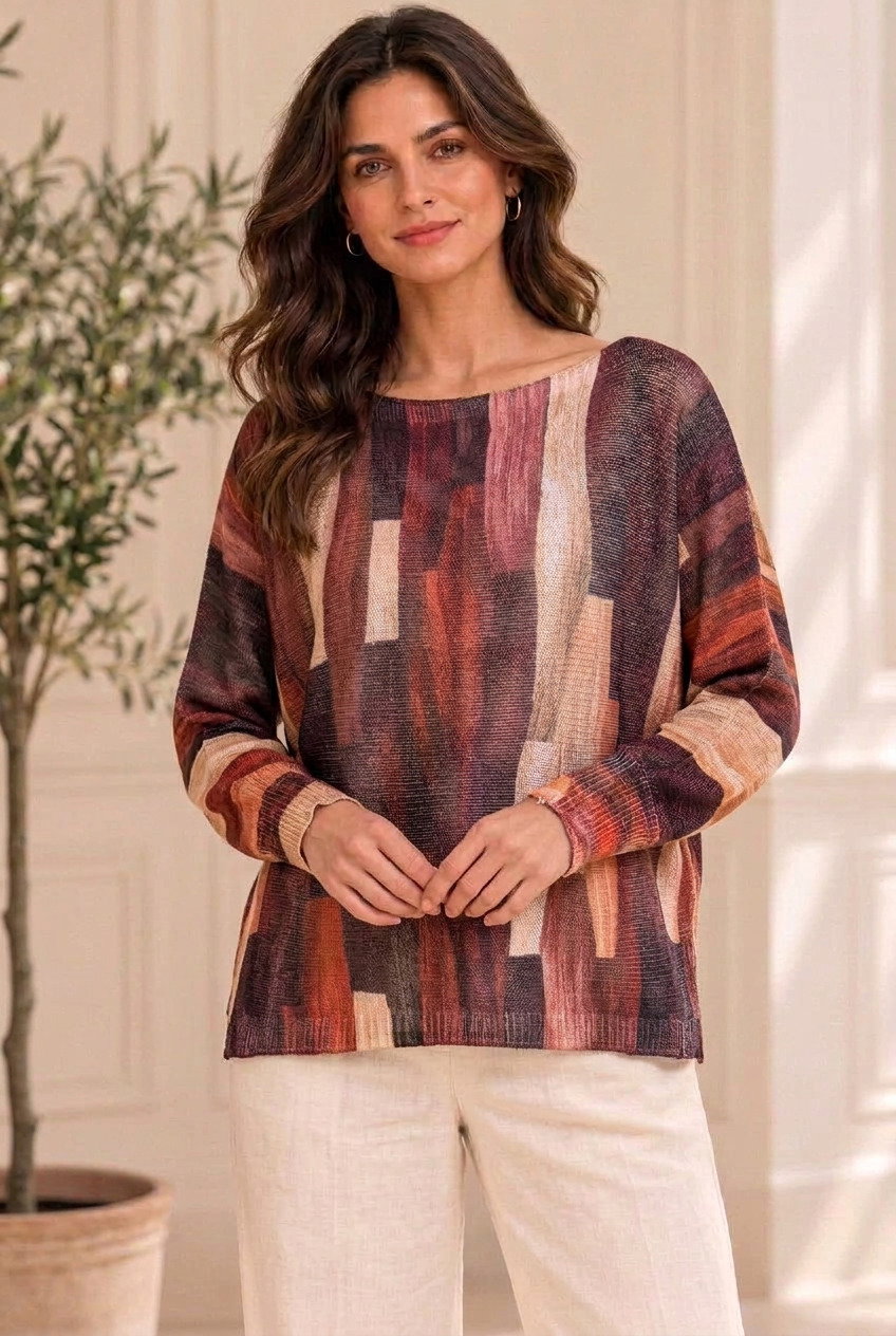 Bluza cu maneca fluture si imprimeu pictural pensulat, nuante de maro