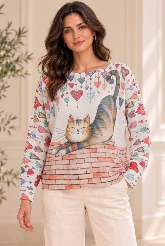 Bluza cu maneca lunga fluture si imprimeu pisica bonoma cu inimi