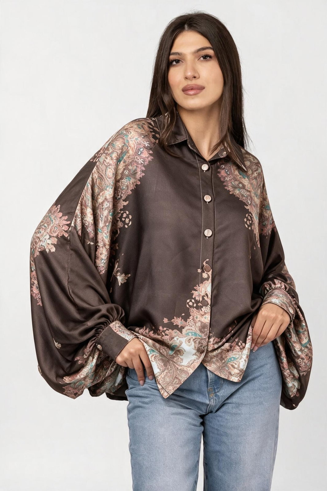 Camasa din satin oversize, cu maneci bufante si imprimeu floral bej maro