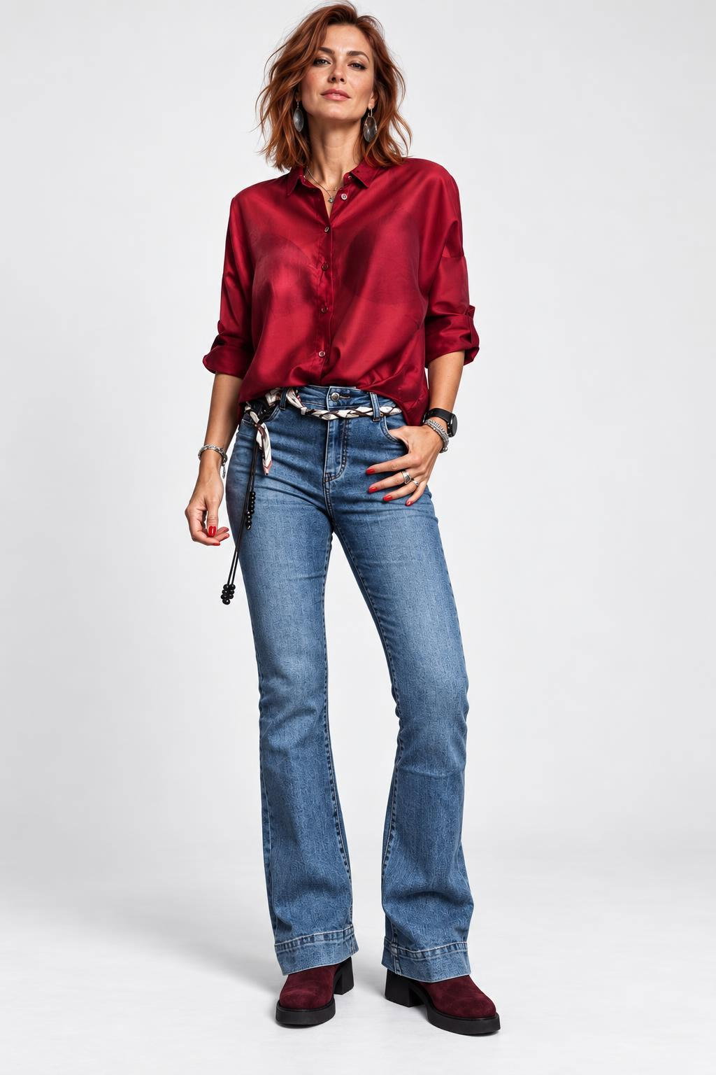 Camasa satinata oversized cu maneci reglabile, bordo