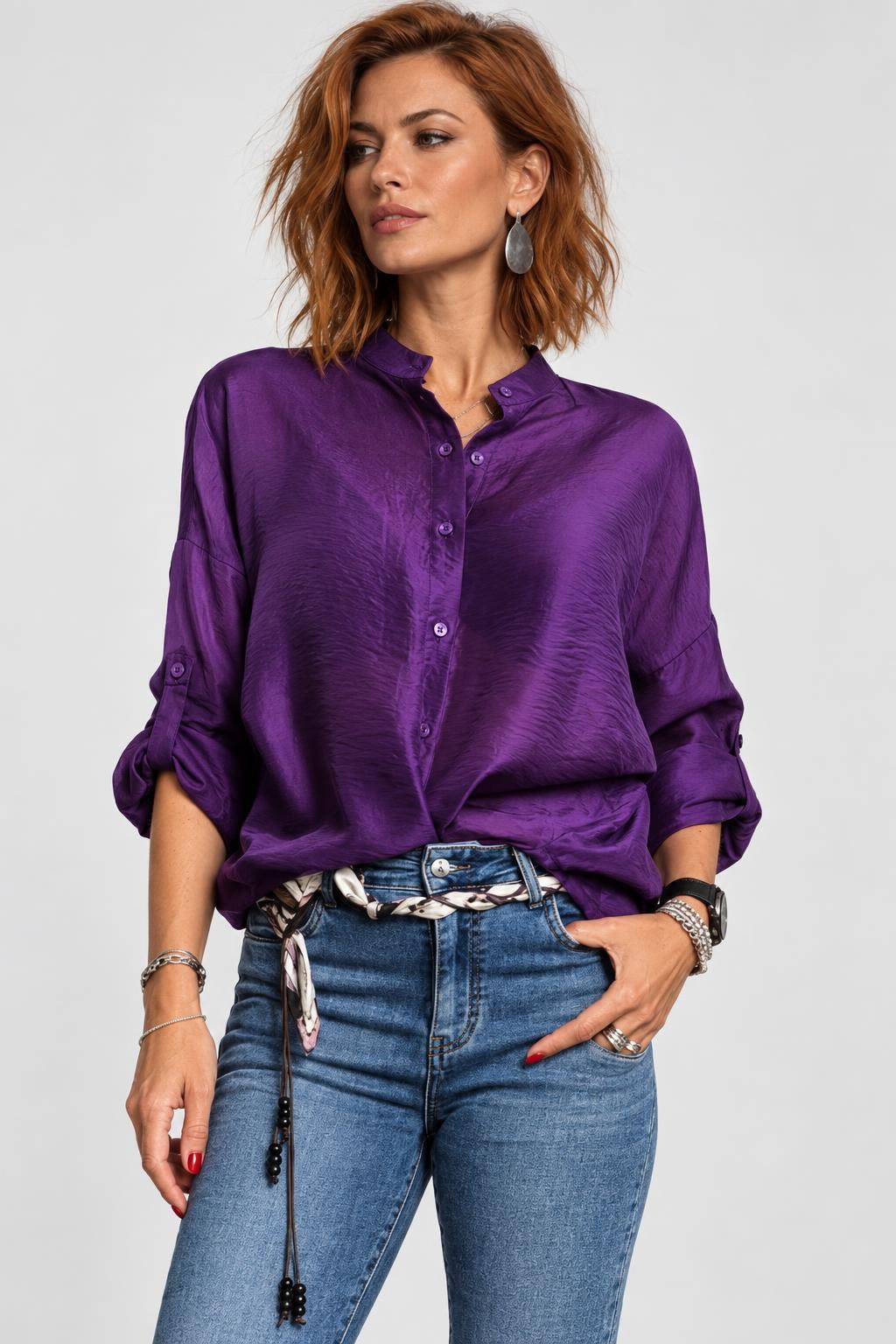 Camasa satinata oversized cu maneci reglabile, mov violet