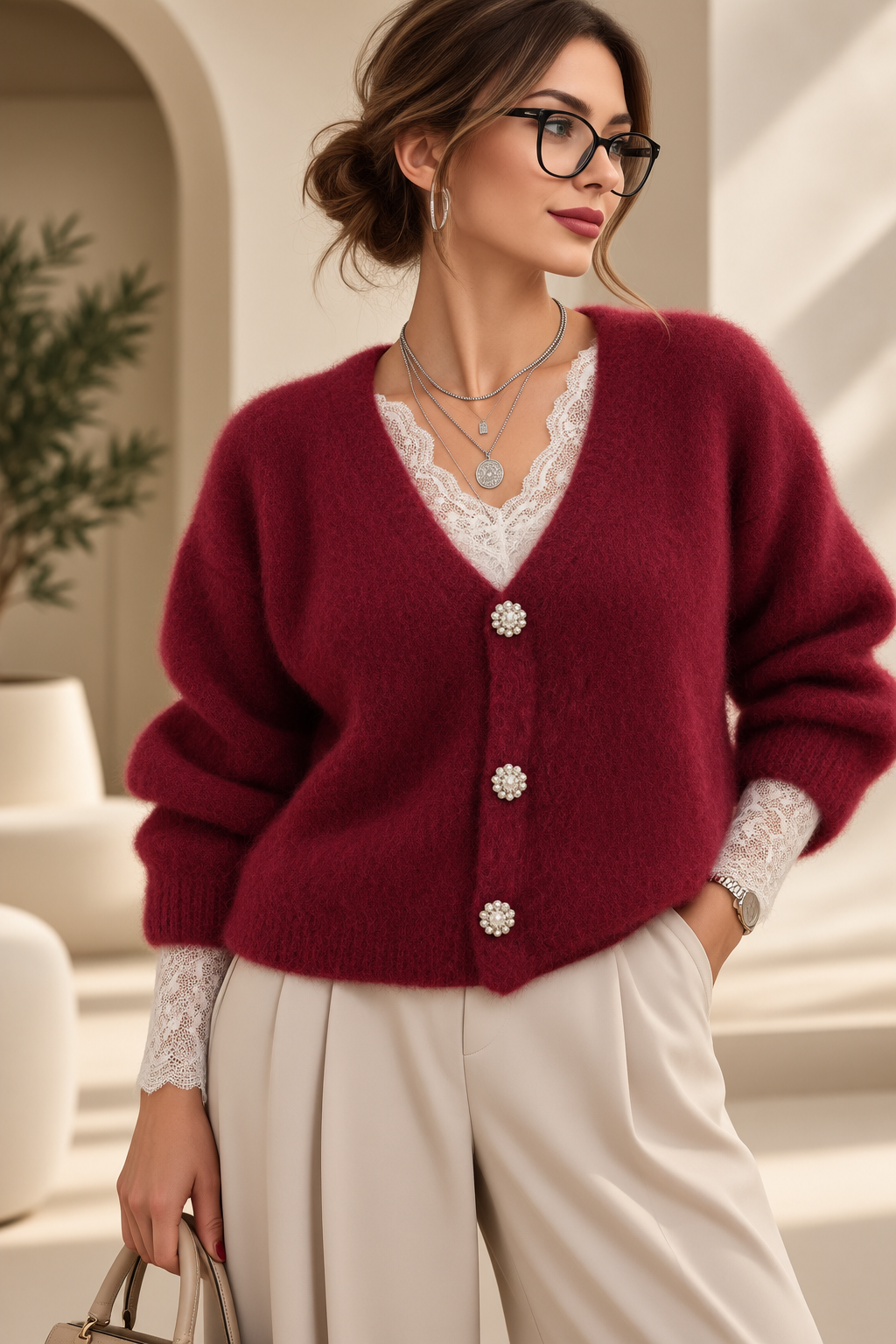 Cardigan dama cu lana si mohair, cu nasturi decorativi ,   pulover casual chic bordo