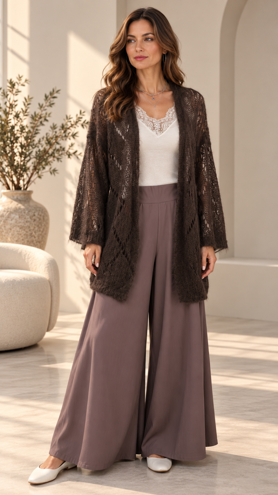 Cardigan lung din Kid Mohair cu tricot ajurat si cordon, maro