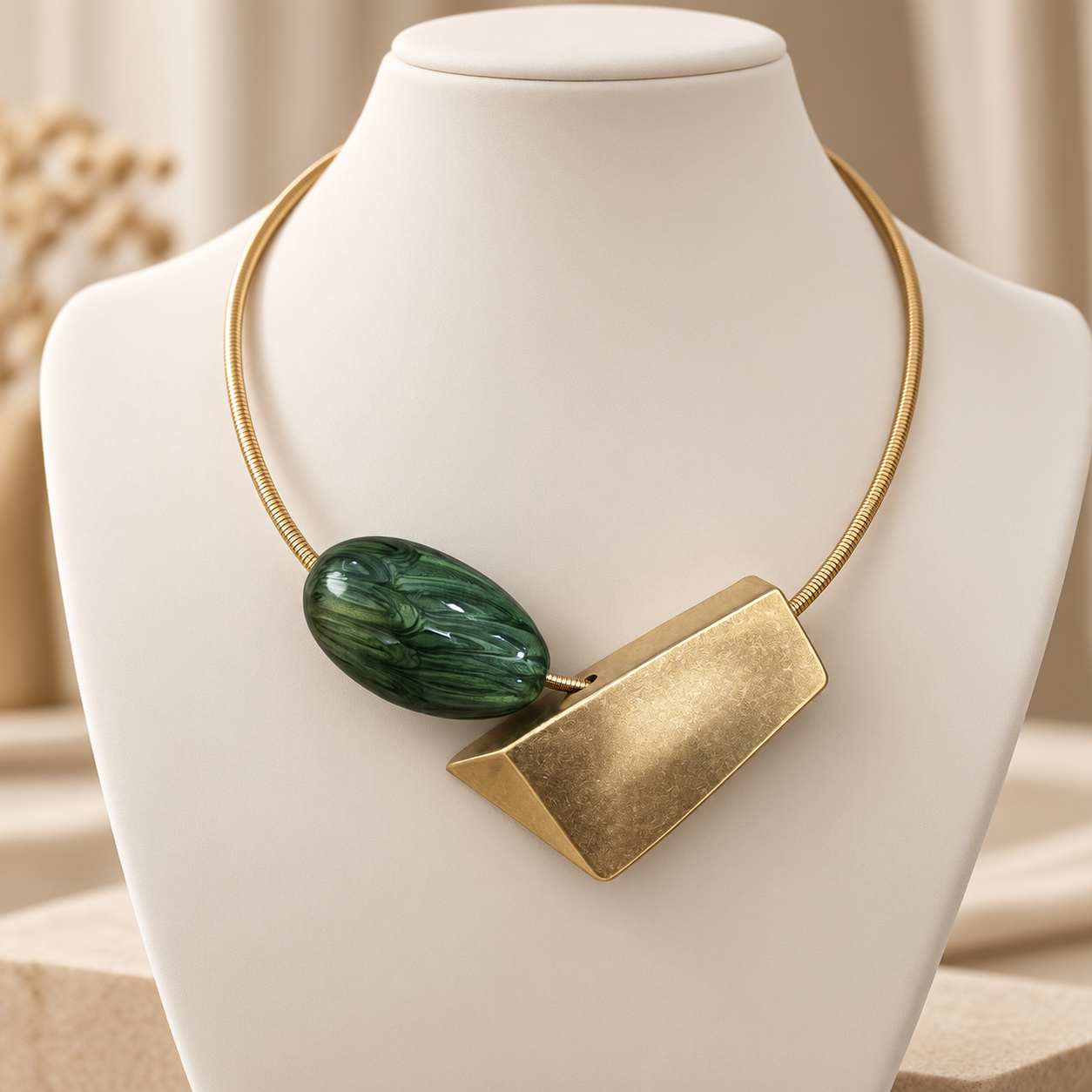 Colier semirigid auriu cu pandante antichizate minimaliste auriu si verde