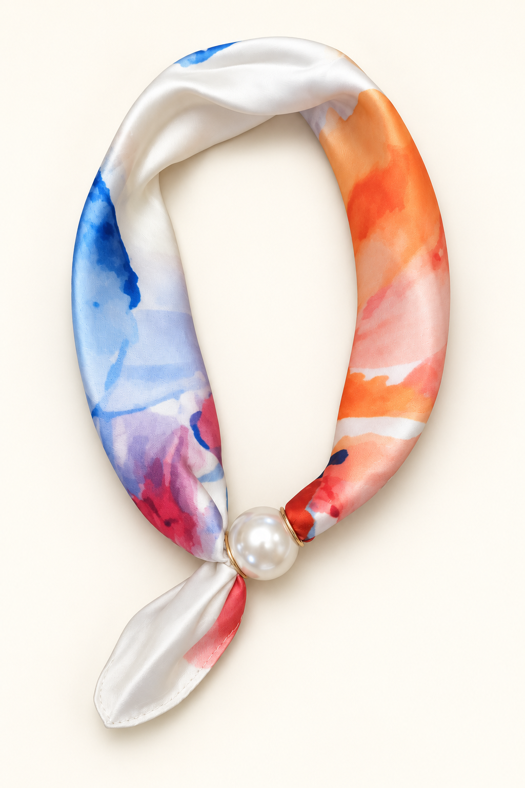 Esarfa colier satinata cu perla decorativa si inchidere magnetica, imprimeu acuarela multicolora