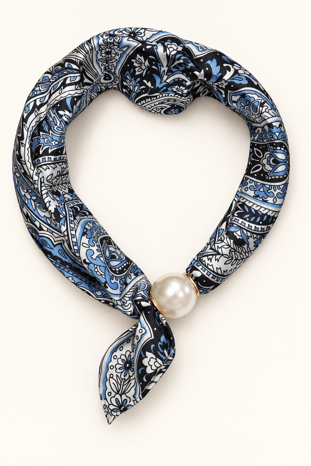 Esarfa colier satinata cu perla decorativa si inchidere magnetica, imprimeu paisley cu bleumarin, bl