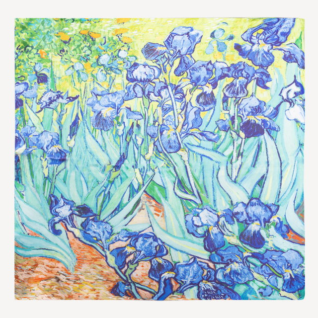 Esarfa patrata cu o fata imprimata cu model inspirat a dupa pictura "Irisi" a lui Van Gogh