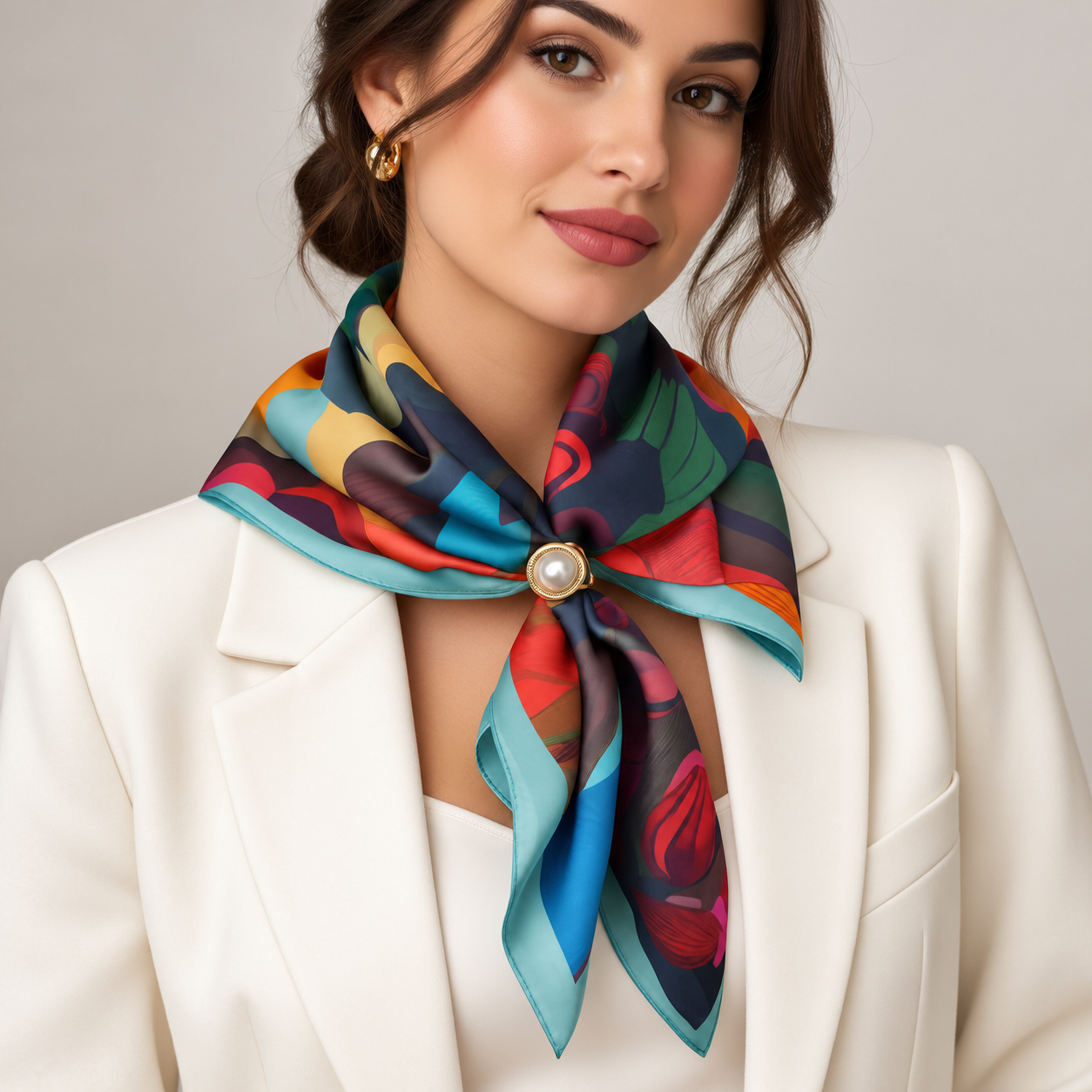 Esarfa satinata patrata cu imprimeu floral colorat - usor asoratabila cu inel inclus