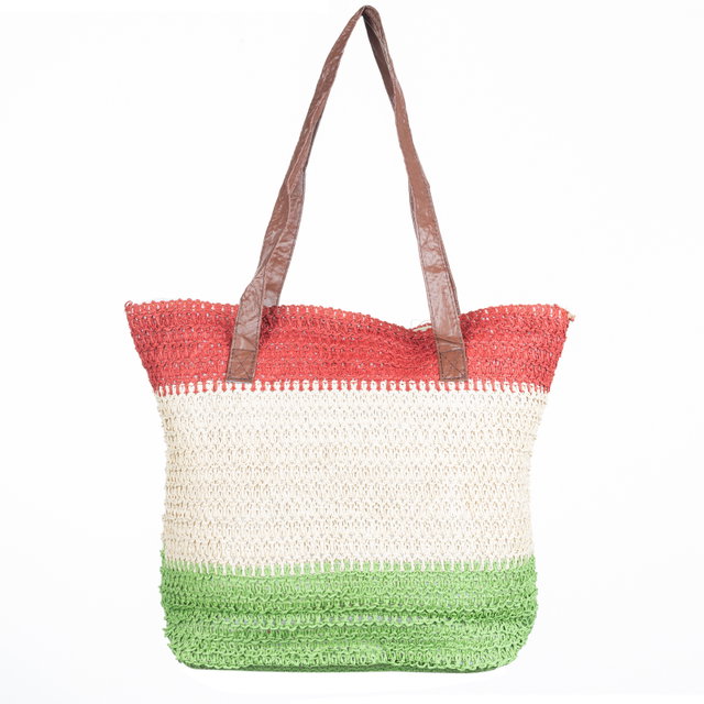 Geanta shopper tricolora impletita, verde, bej si rosu inchis