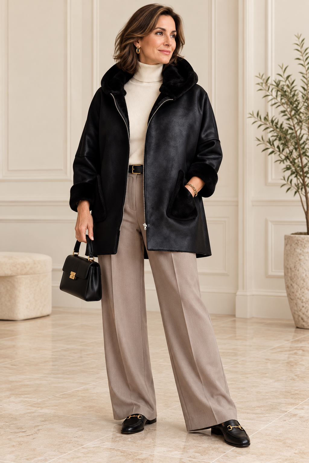 Jacheta dama oversized tip cojoc cu gluga si efect de piele intoarsa, neagra