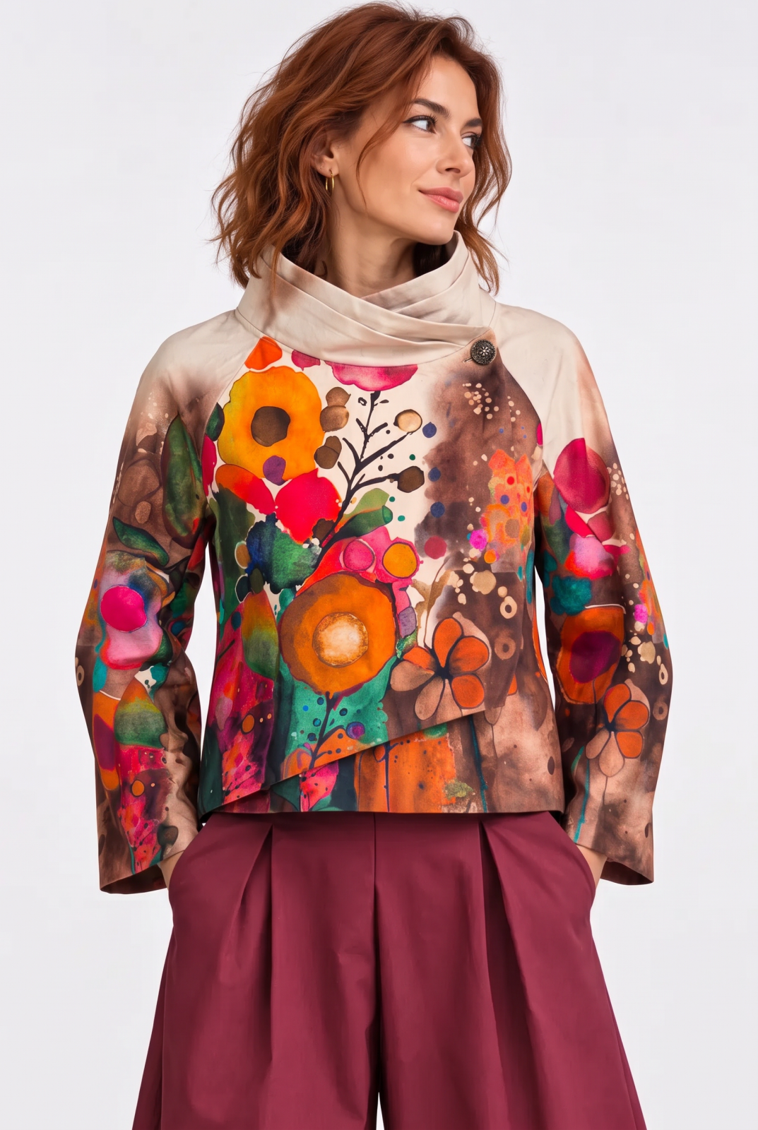 Jacheta scurta petrecuta cu imprimeu floral abstract multicolor, bej