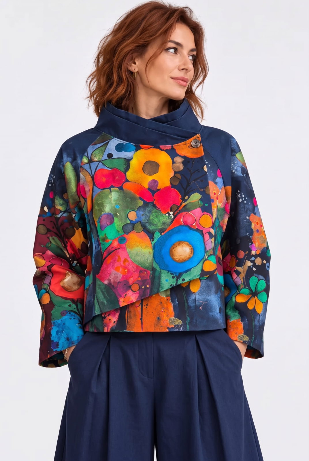 Jacheta scurta petrecuta cu imprimeu floral abstract multicolor, bleumarin